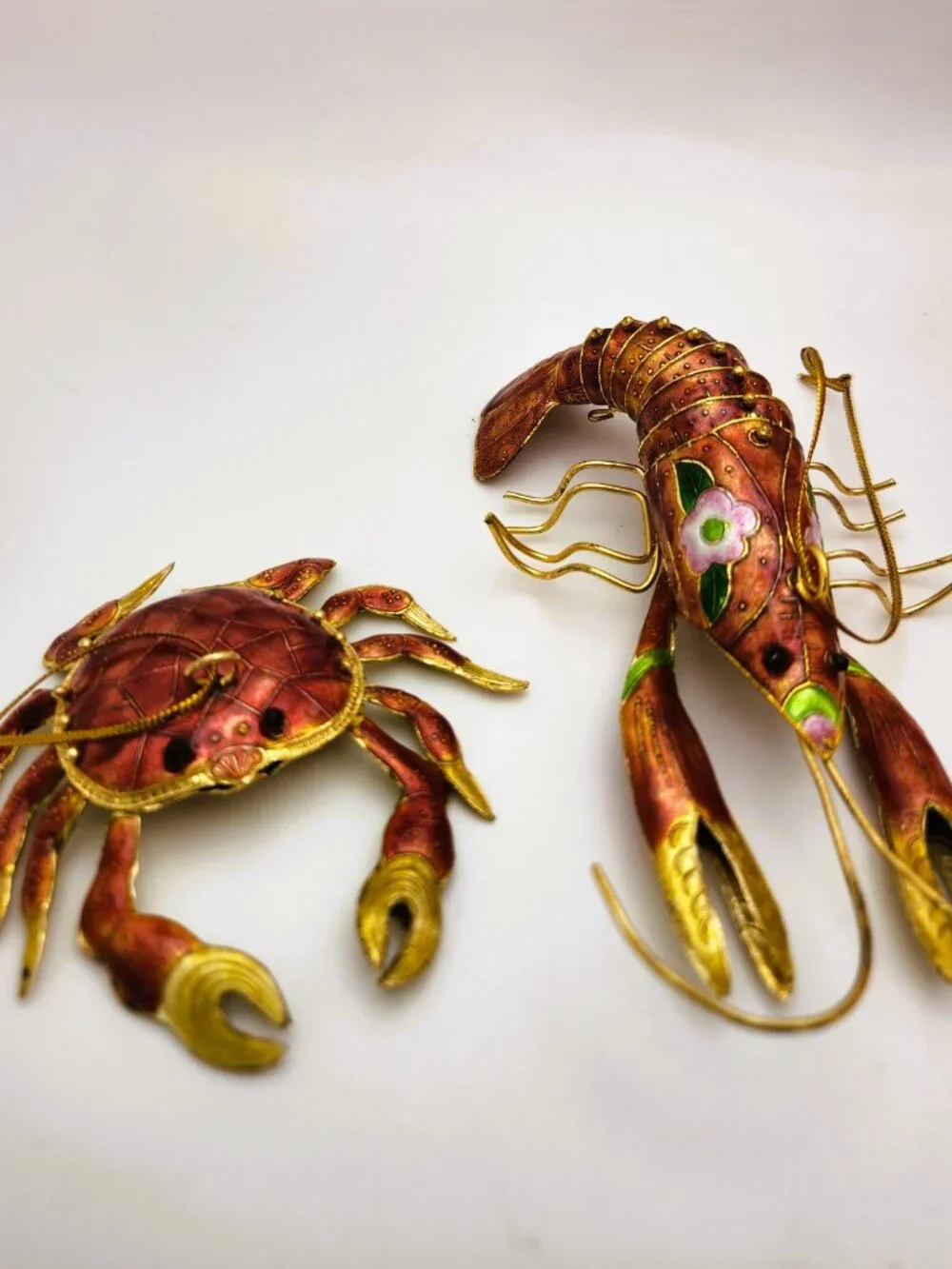 Vintage Enamel Metal Lobster Crab Ornaments Cloisonne Style Articulated Pair